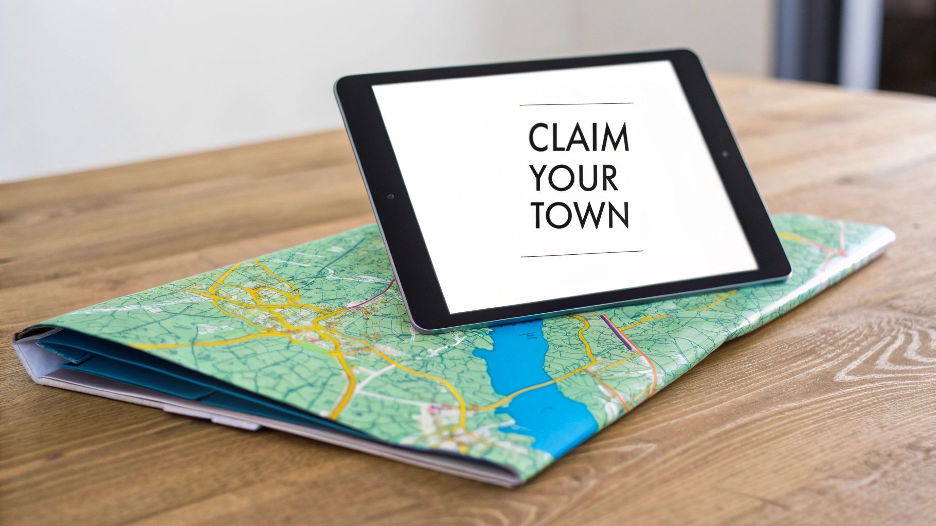 A tablet with "CLAIM YOUR TOWN" on screen rests on a map with a river, on a wooden table.