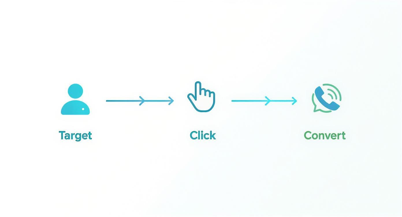 Diagram showing a marketing funnel with icons for target audience, click, and conversion.