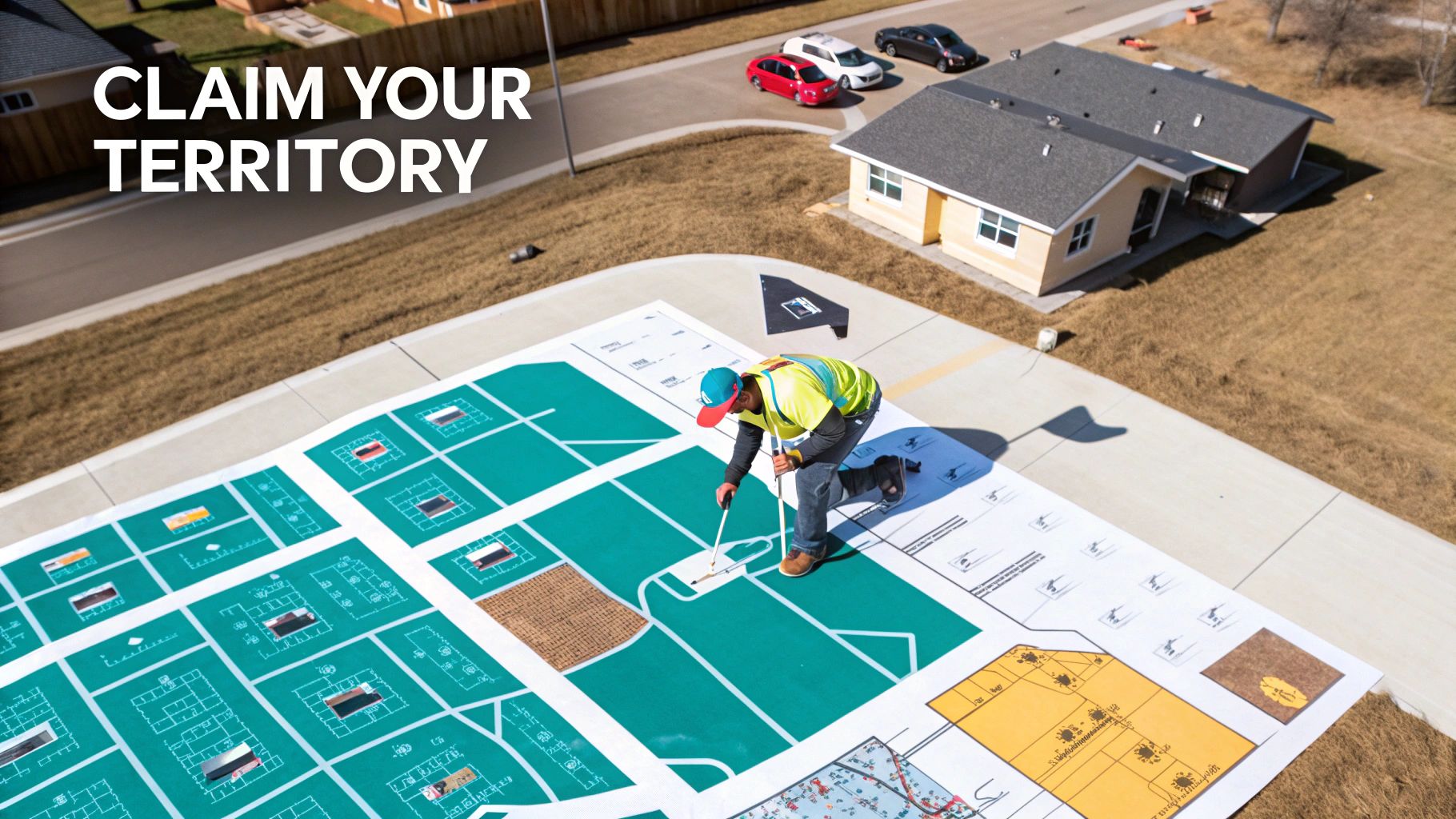 Aerial view of a person marking a large land development map laid on the ground.