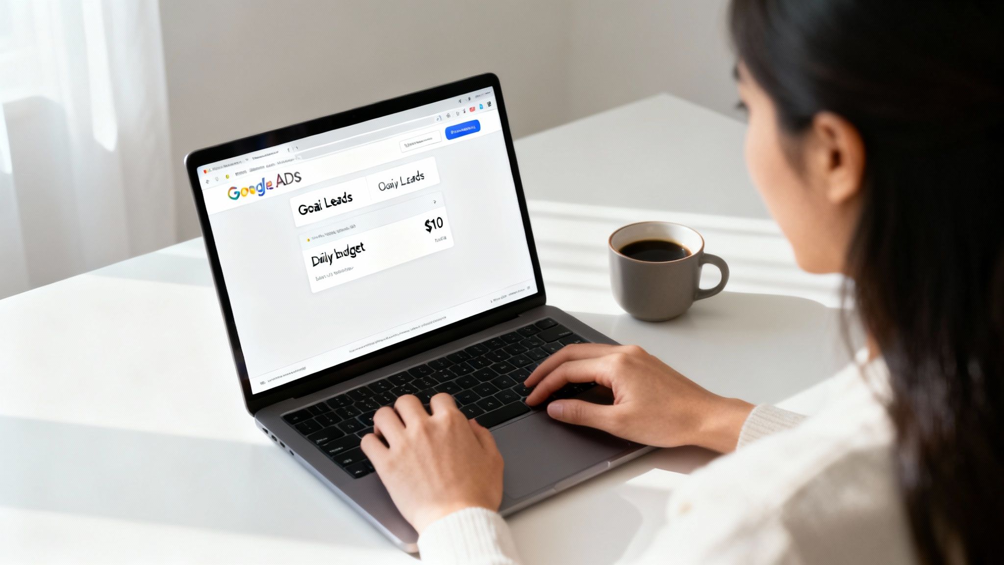 A person working on a laptop with charts and graphs on the screen, representing setting up a Google Ads campaign.