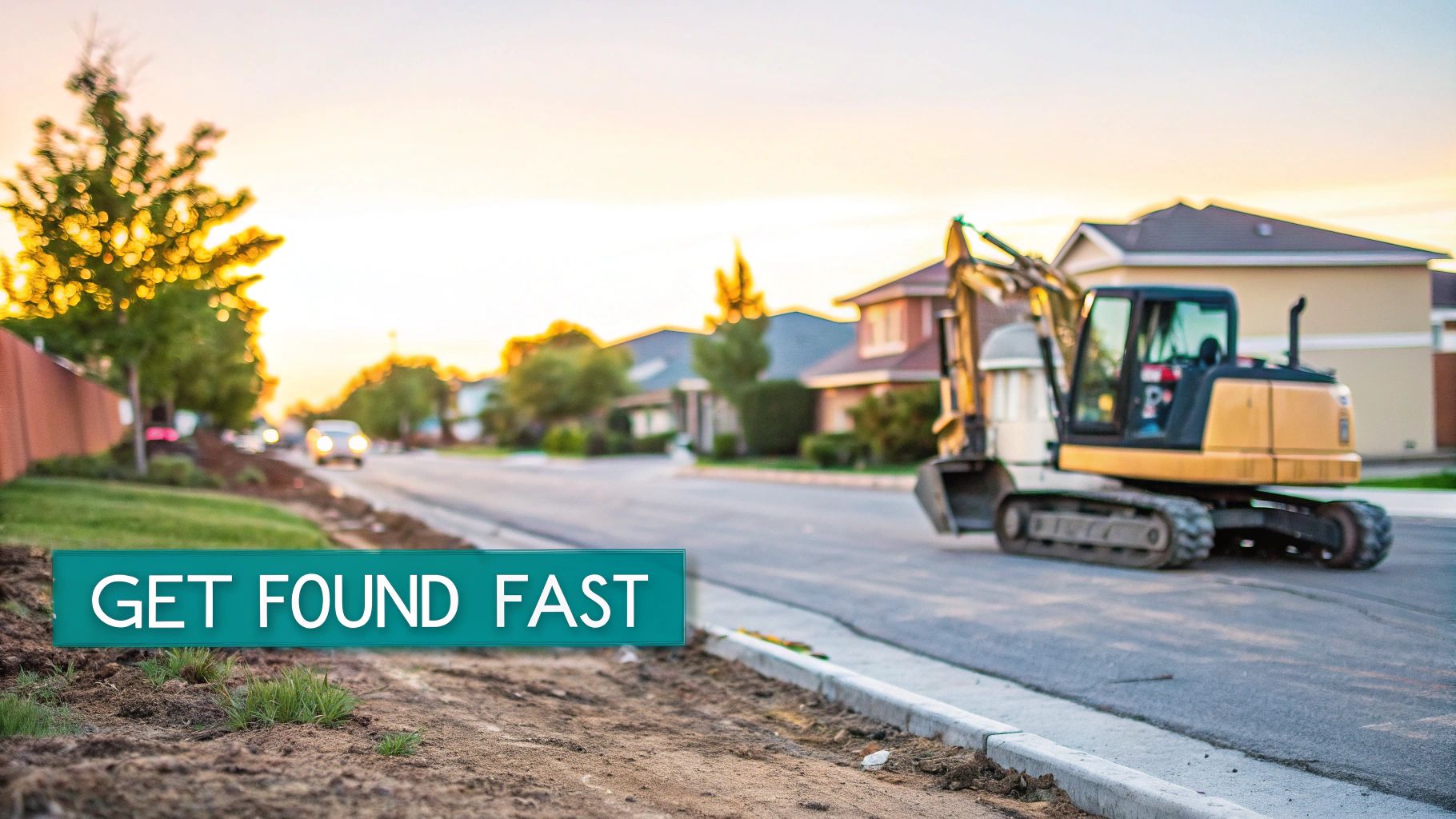 An excavator parked on a suburban street with houses in the background and a "GET FOUND FAST" banner.