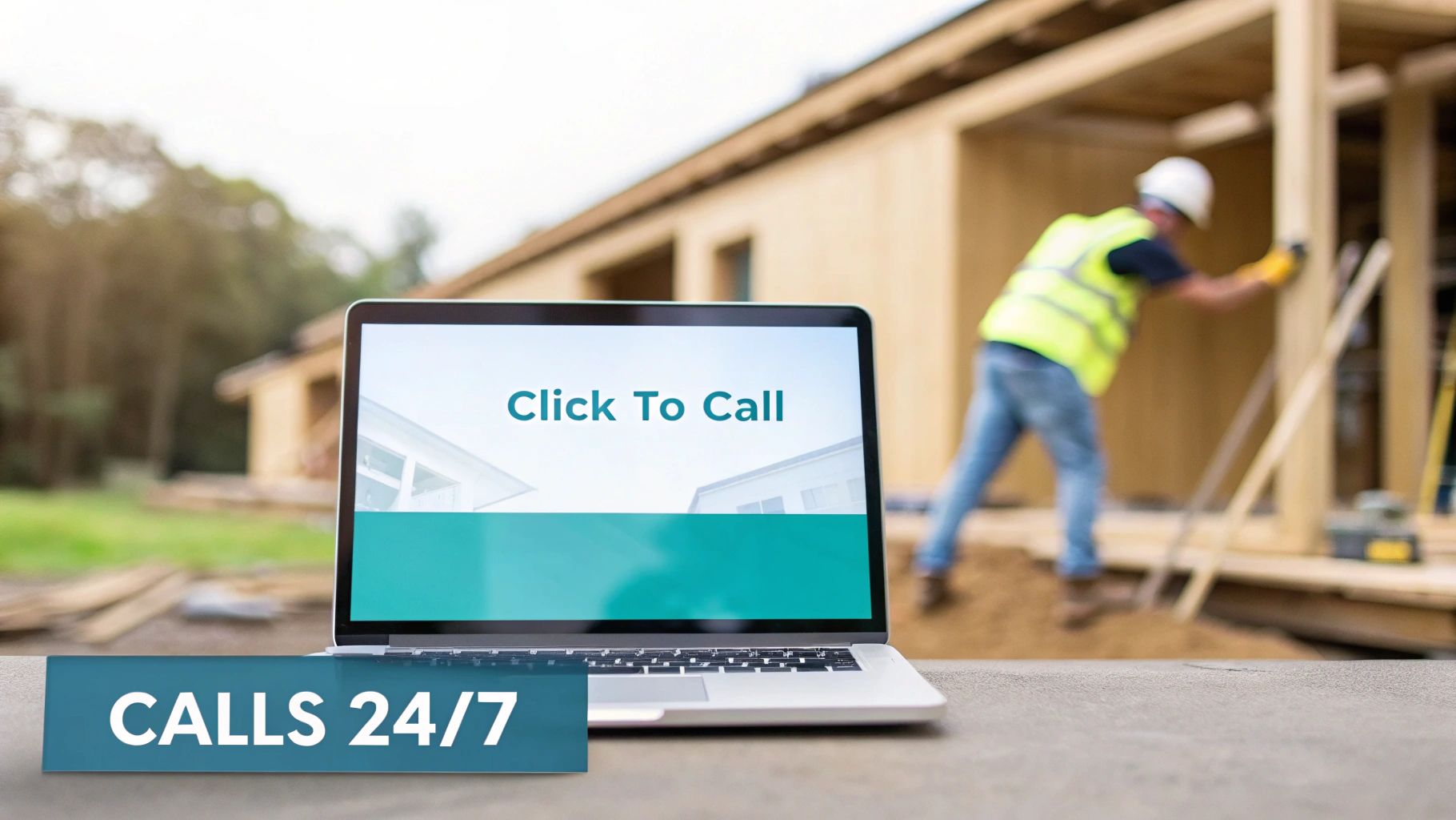 A laptop screen showing 'Click To Call' with a construction worker and building frame in the background. A 'CALLS 24/7' banner is in front.