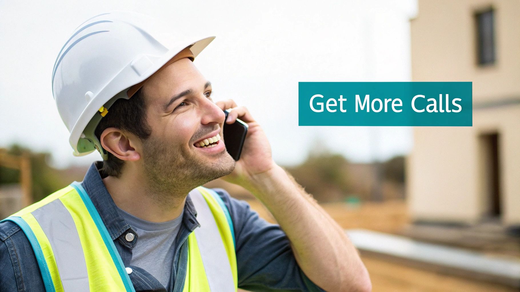 A smiling construction worker in a hard hat and safety vest talks on a phone, with text 'Get More Calls'.