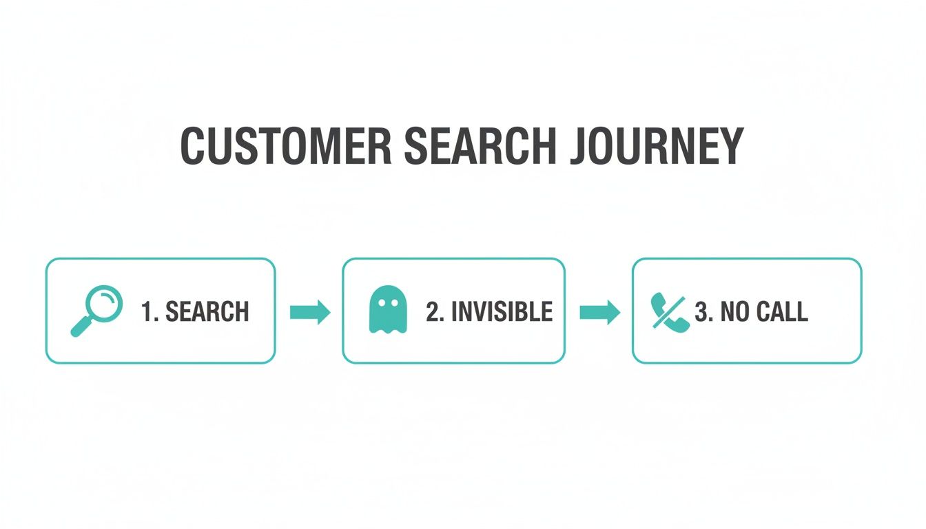 Flowchart showing three steps of a customer search journey: Search (magnifying glass), Invisible (ghost), and No Call (crossed-out phone).