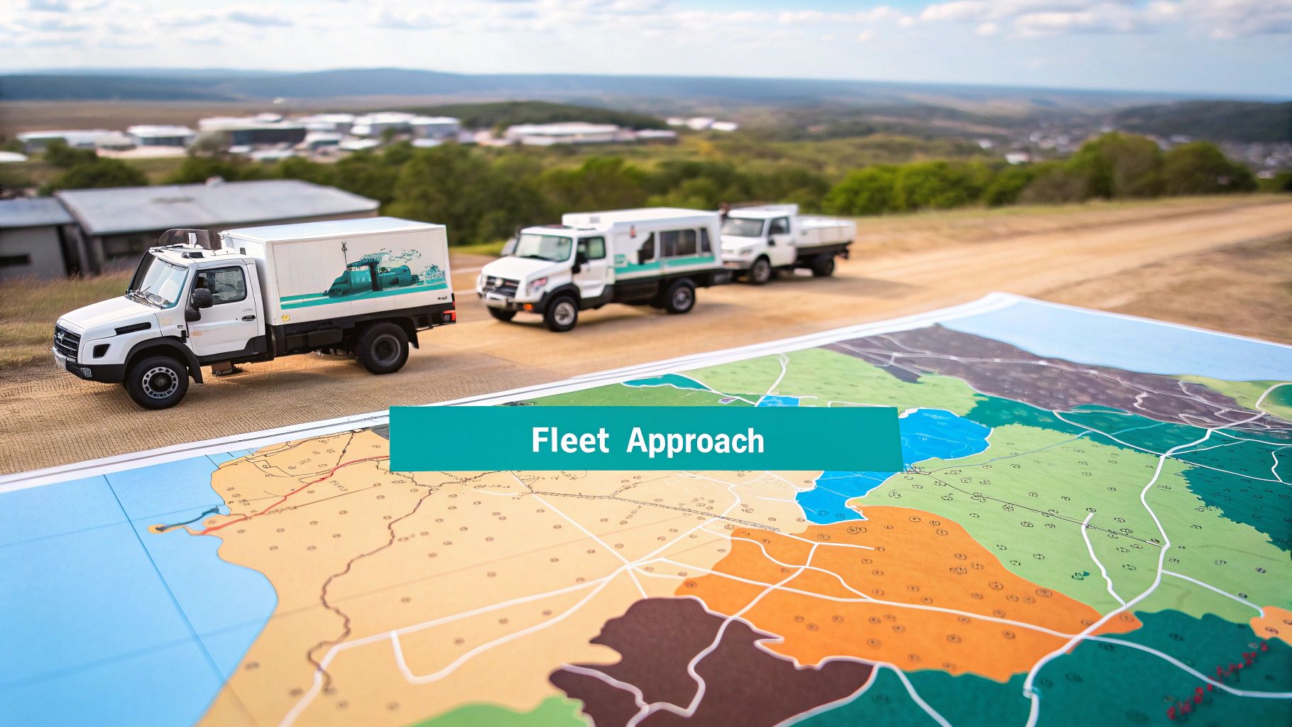White fleet trucks on a rural road with a strategic map in the foreground, showing 'Fleet Approach'.