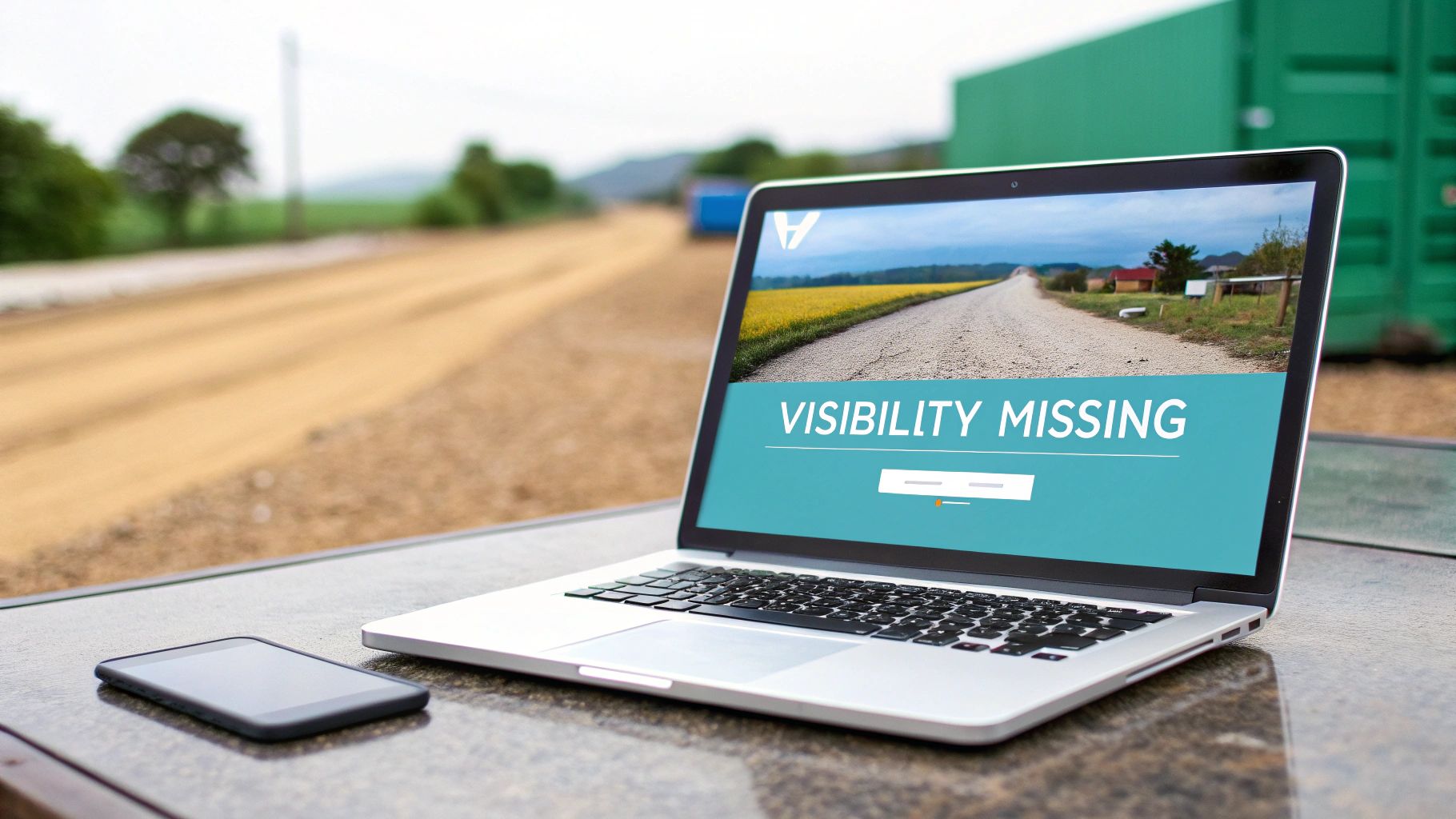 Laptop and smartphone outdoors on a stone surface, displaying a website with a gravel road image.