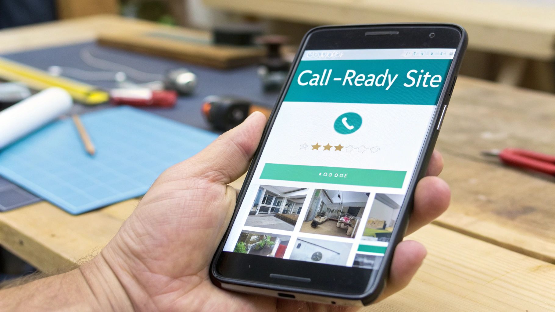 A hand holds a smartphone displaying a 'Call-Ready Site' with a phone icon and property images.