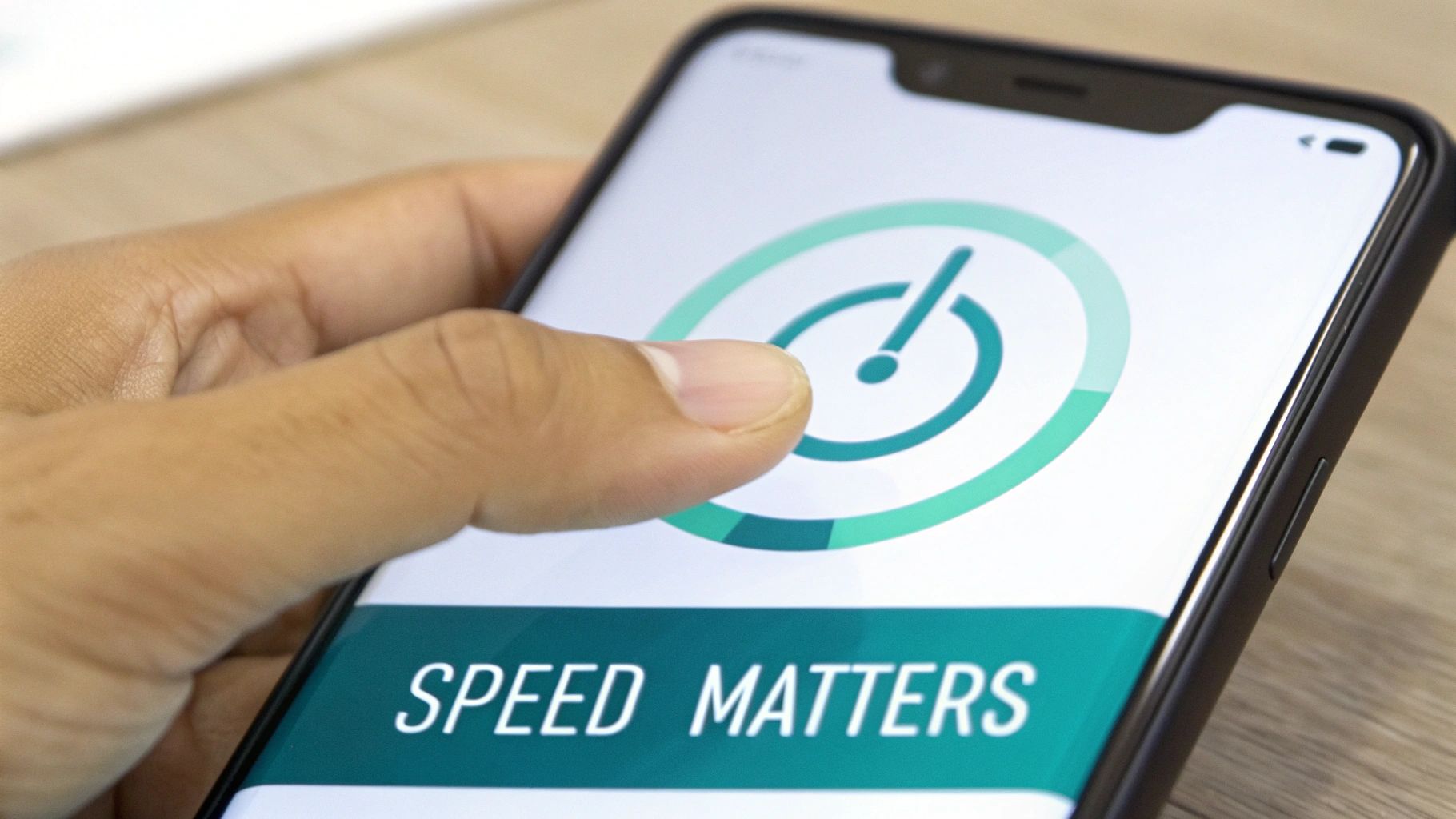 A hand holds a smartphone displaying a 'SPEED MATTERS' message and a speed gauge icon.