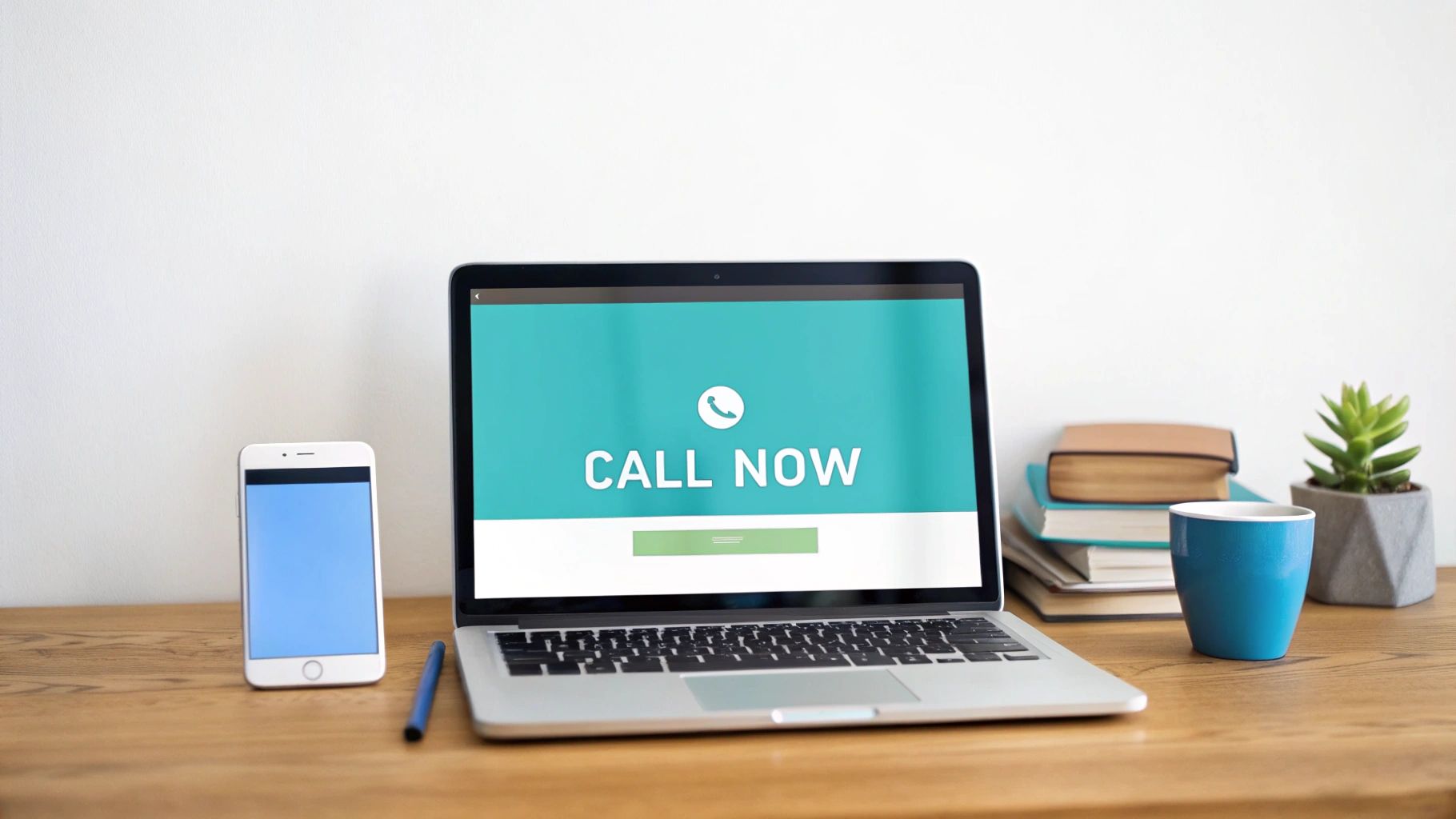 A laptop screen displays 'CALL NOW' with a phone icon, next to a smartphone and desk items.
