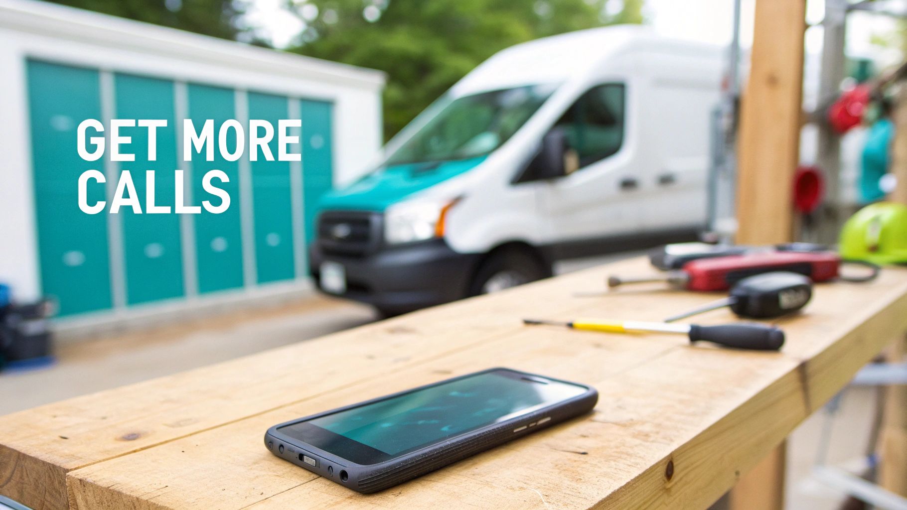 A home service contractor's tools, smartphone, and van, with 'GET MORE CALLS' text.