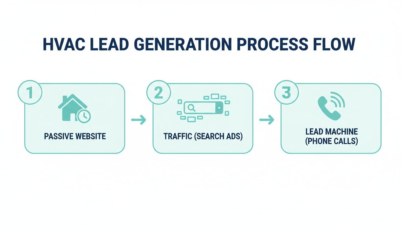 A flow chart illustrating the HVAC lead generation process from a passive website to phone calls via a search ads.