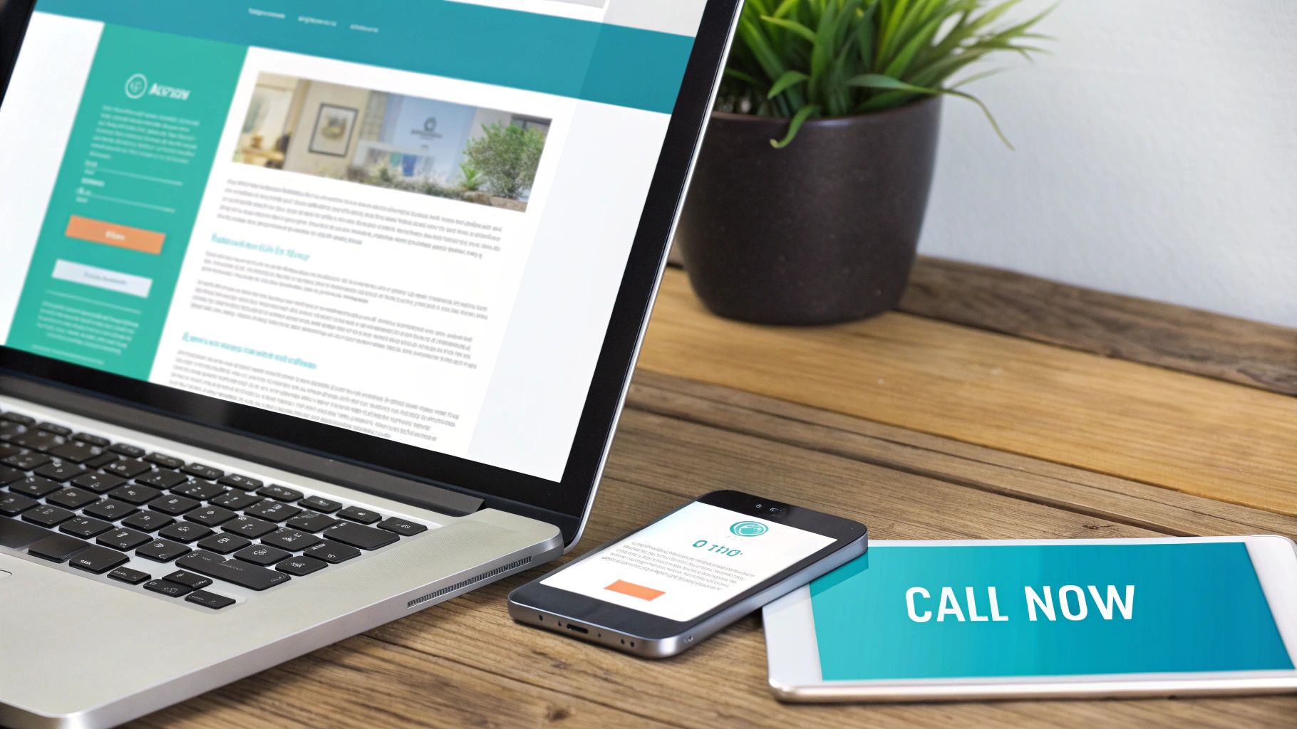 Laptop displaying a website, smartphone, and tablet with 'CALL NOW' on a wooden desk, perfect for digital communication.