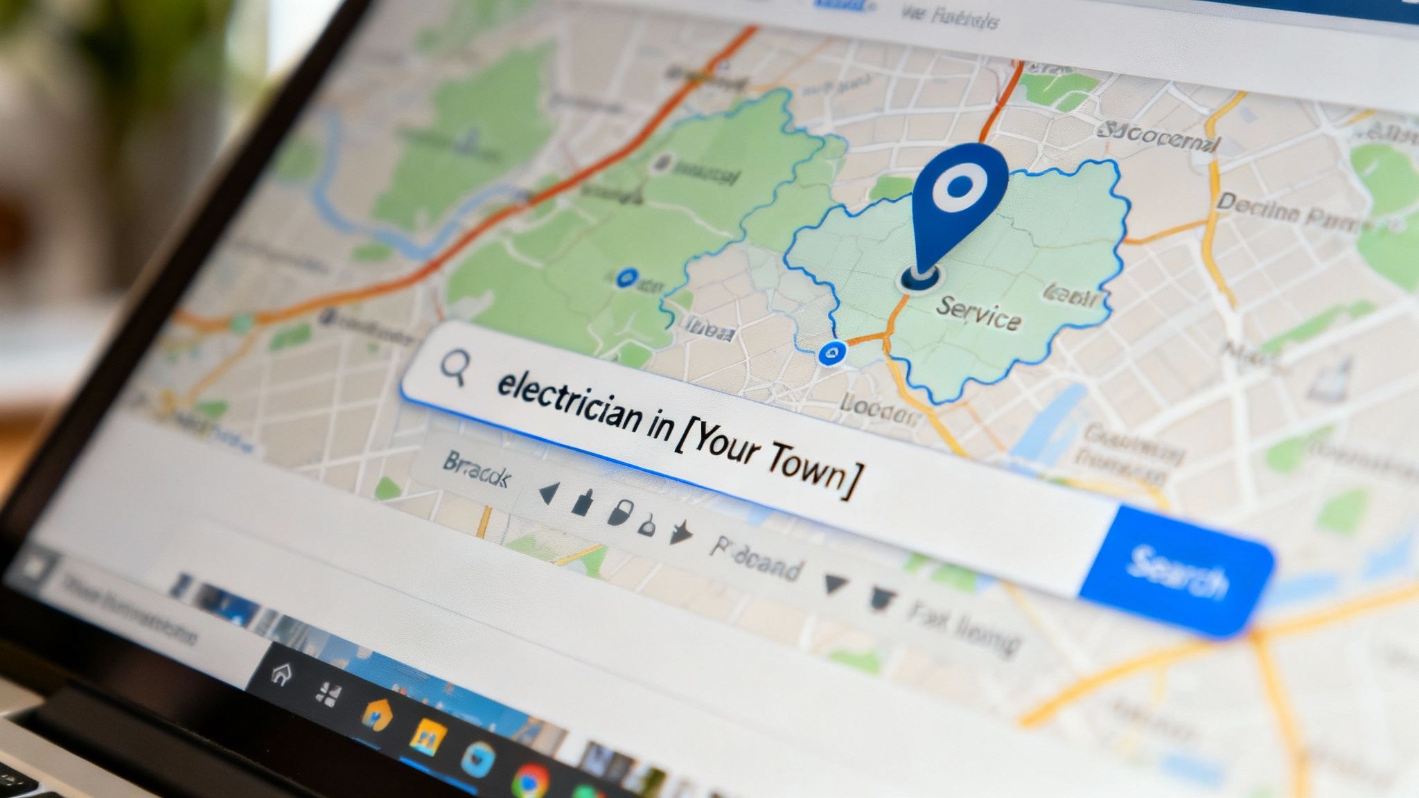 A magnifying glass hovering over a map with location pins, representing local search on Google.
