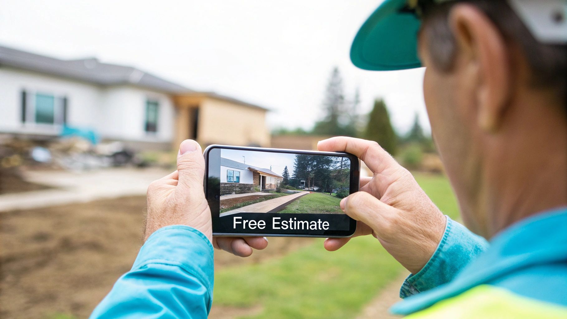 A person holds a smartphone displaying a house and a 'Free Estimate' sign, with a real house project in the background.