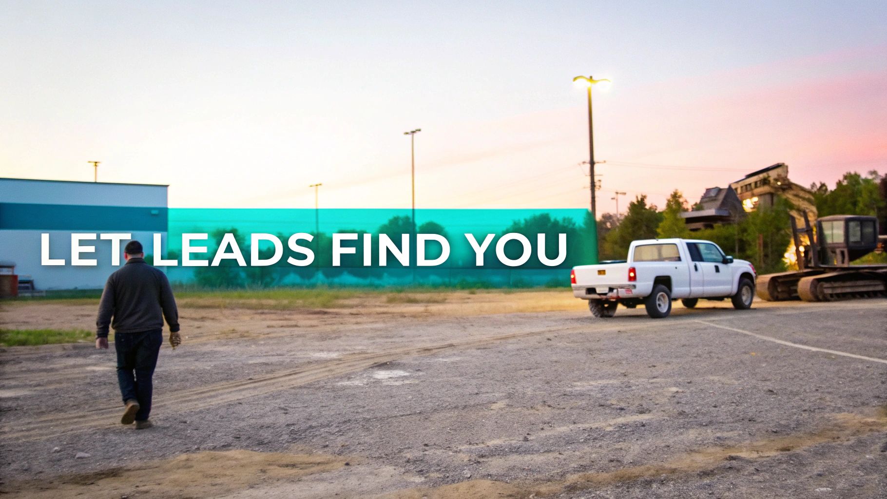 A man walks across a dusty construction site with a truck and excavator at sunset. Text: LET LEADS FIND YOU.