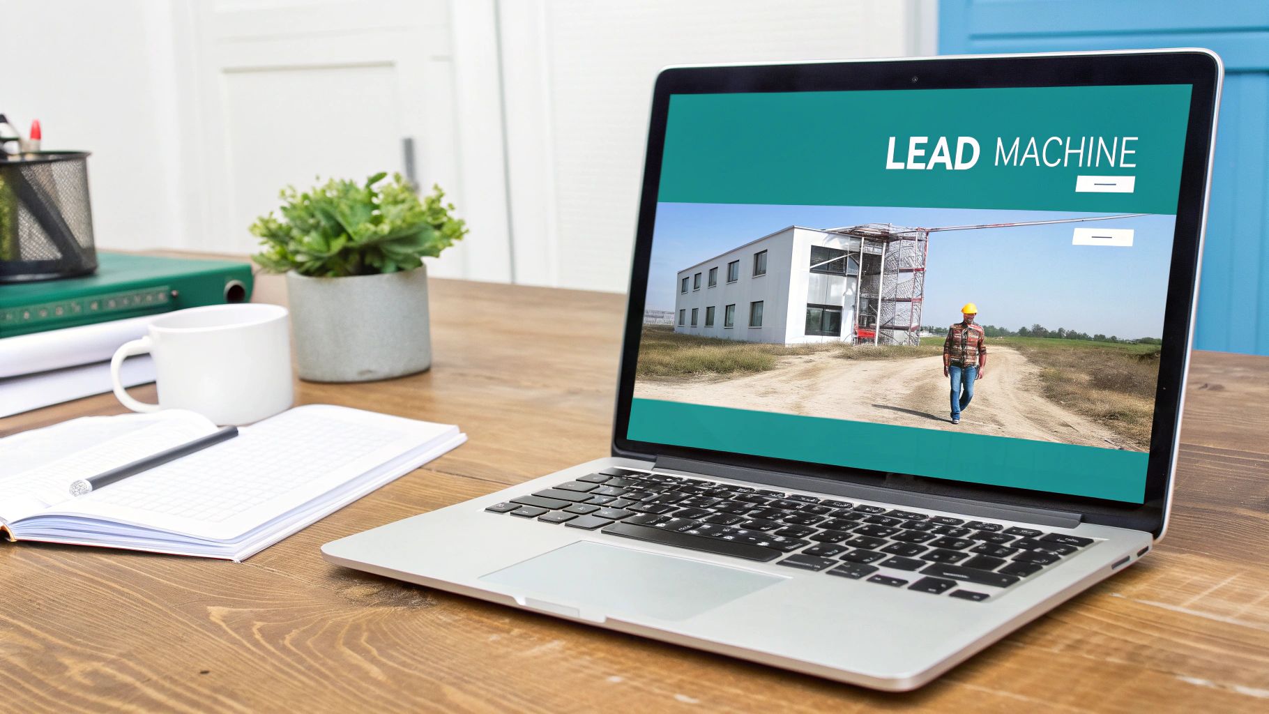 Laptop on a wooden desk displaying a 'Lead Machine' website with a construction worker.