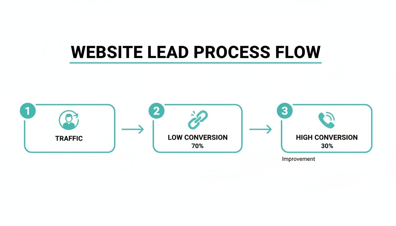 Website lead generation process flow diagram illustrating traffic, low conversion (70%), and high conversion (30%).