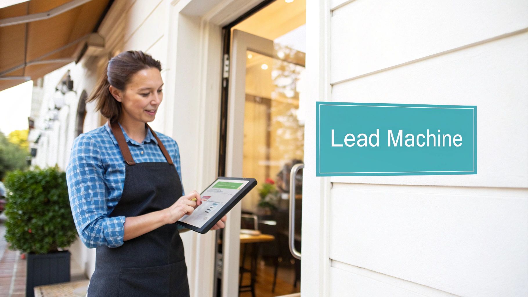 A smiling woman in an apron uses a digital tablet outside a business with a 'Lead Machine' sign.