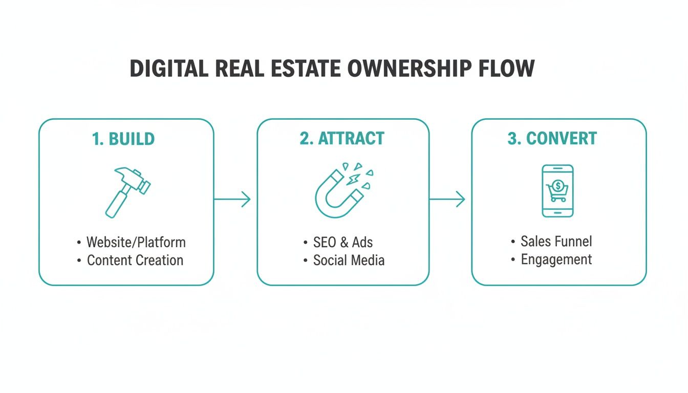A three-step flow: Build (website, content), Attract (SEO, social media), and Convert (sales funnel, engagement) for digital real estate.