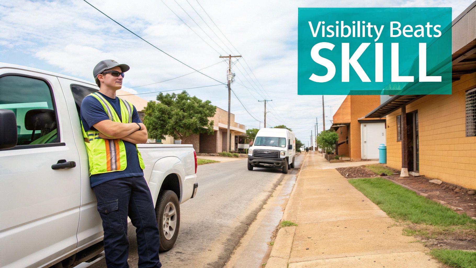 A man in a high-visibility vest and sunglasses leans on a white pickup truck on a street.