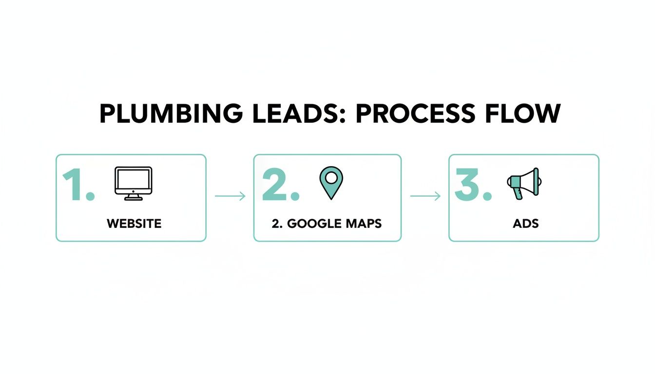 Process flow diagram illustrating how to get plumbing leads through website, Google Maps, and ads.