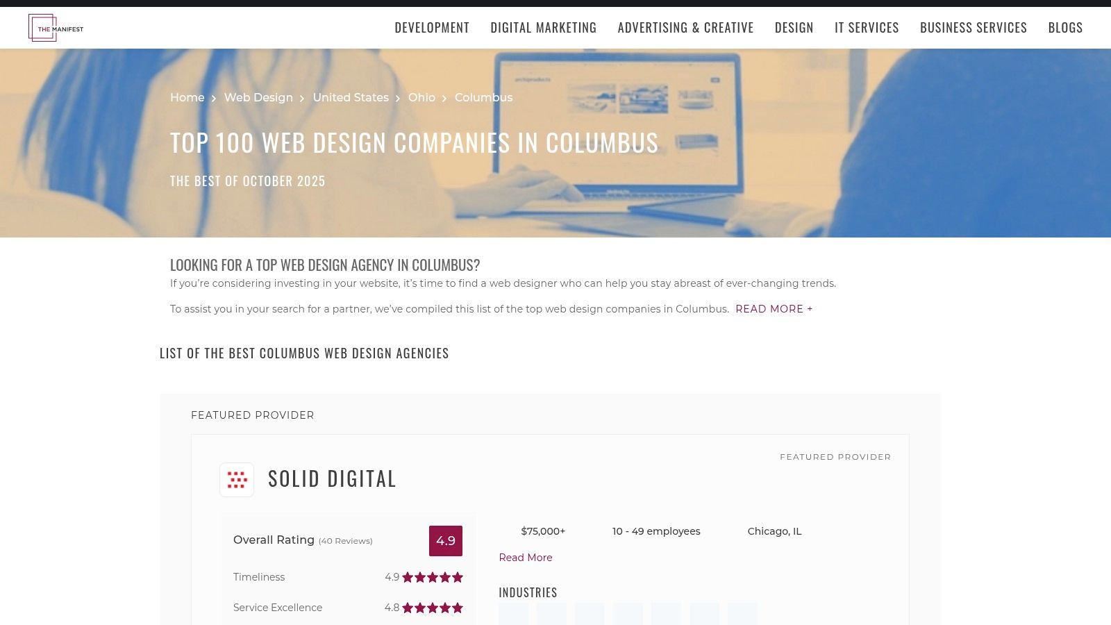 A screenshot of The Manifest website, showing a list of Columbus web design agencies with their ratings and minimum project size.