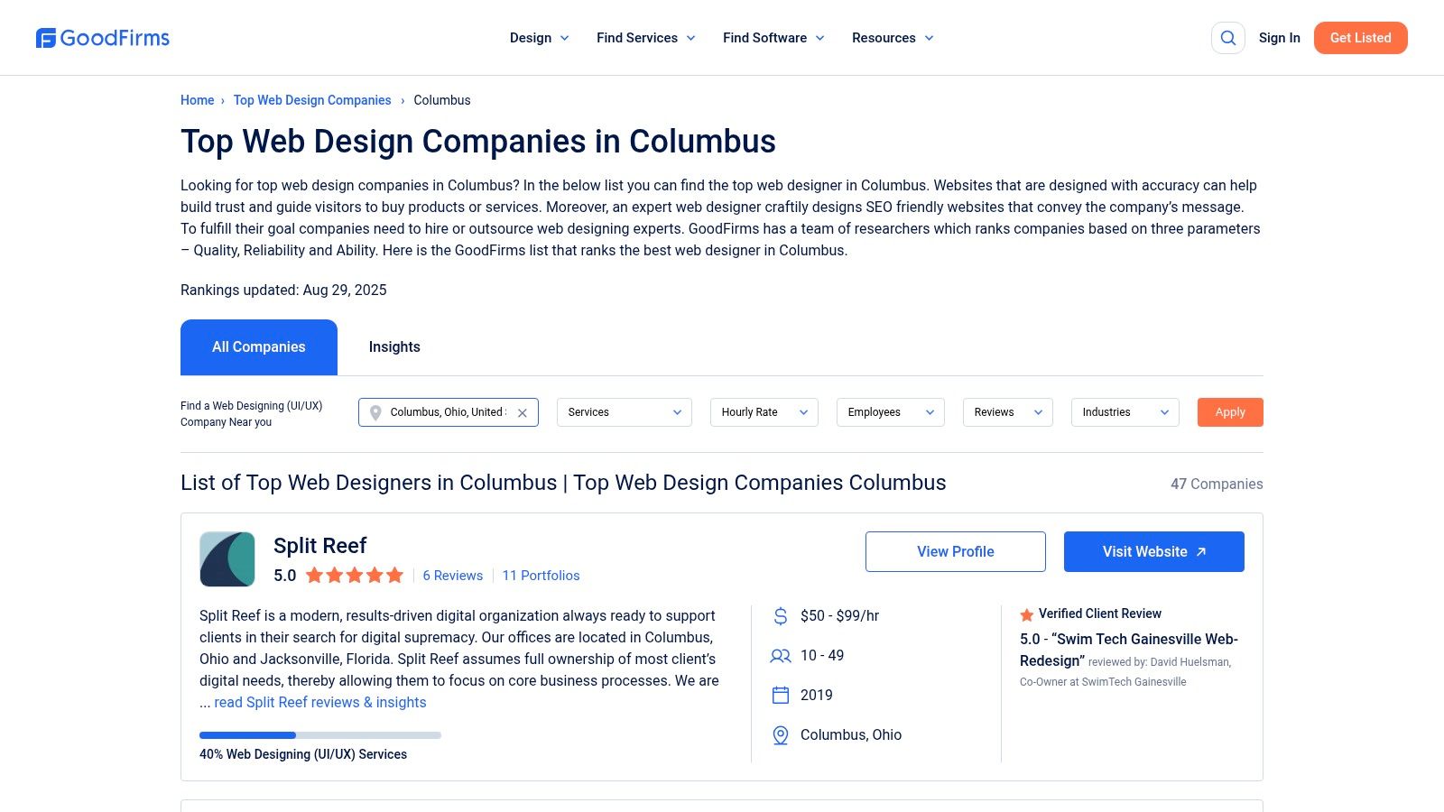 A screenshot of the GoodFirms website, showing its ranking of top web design companies in Columbus, with filters for services and pricing.