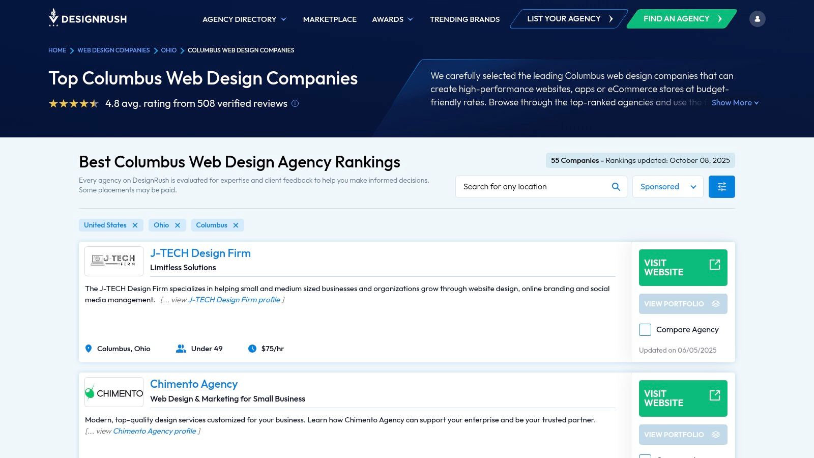 A screenshot of the DesignRush website displaying a list of web design agencies in Columbus, OH, with filters for budget and services.