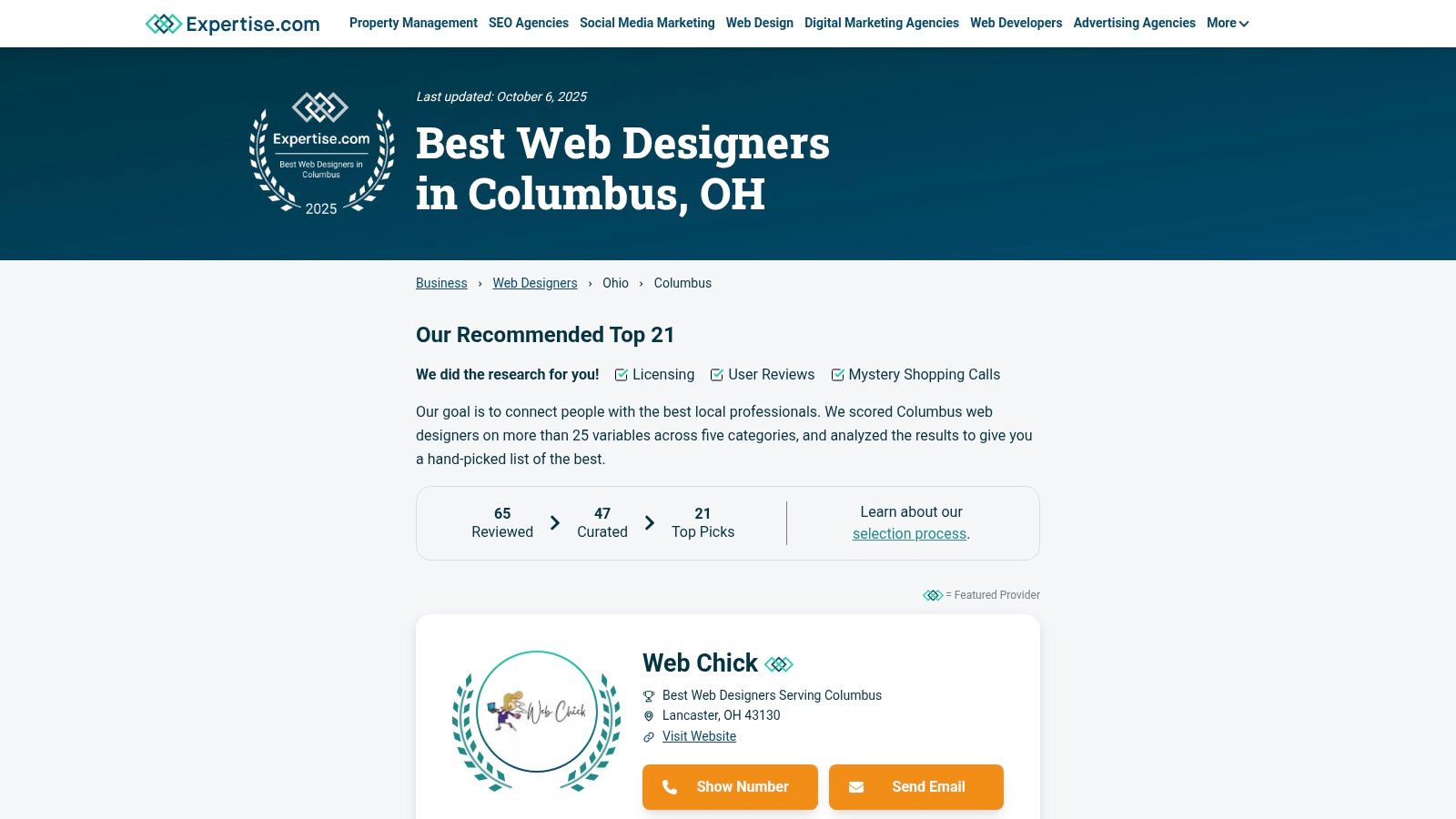 A screenshot of the Expertise.com website, showing their curated list of top web design providers in Columbus, Ohio.