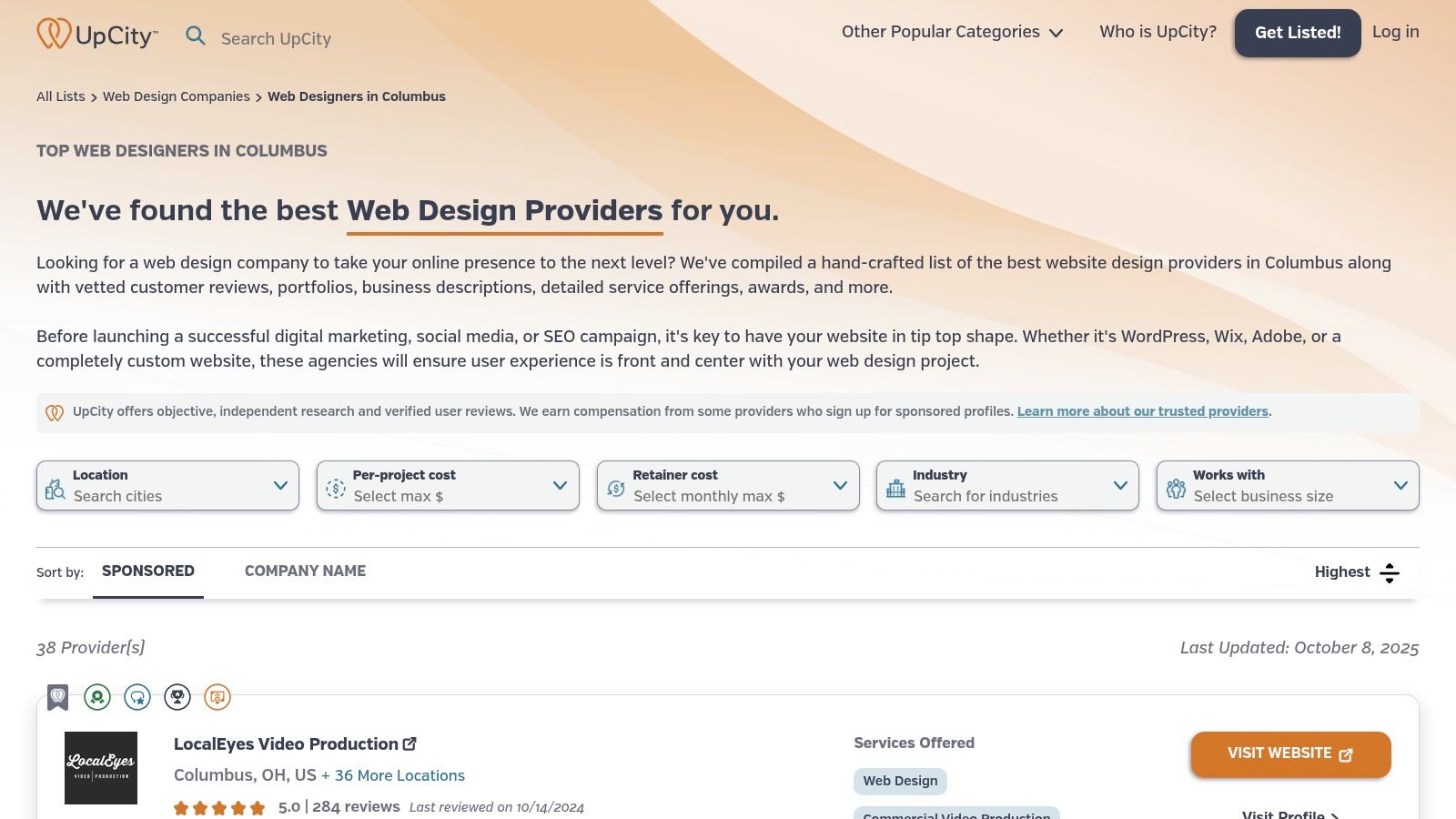 A screenshot of the UpCity website, showcasing the profiles of web design companies in Columbus, OH, with their Recommendability Ratings and service focuses.