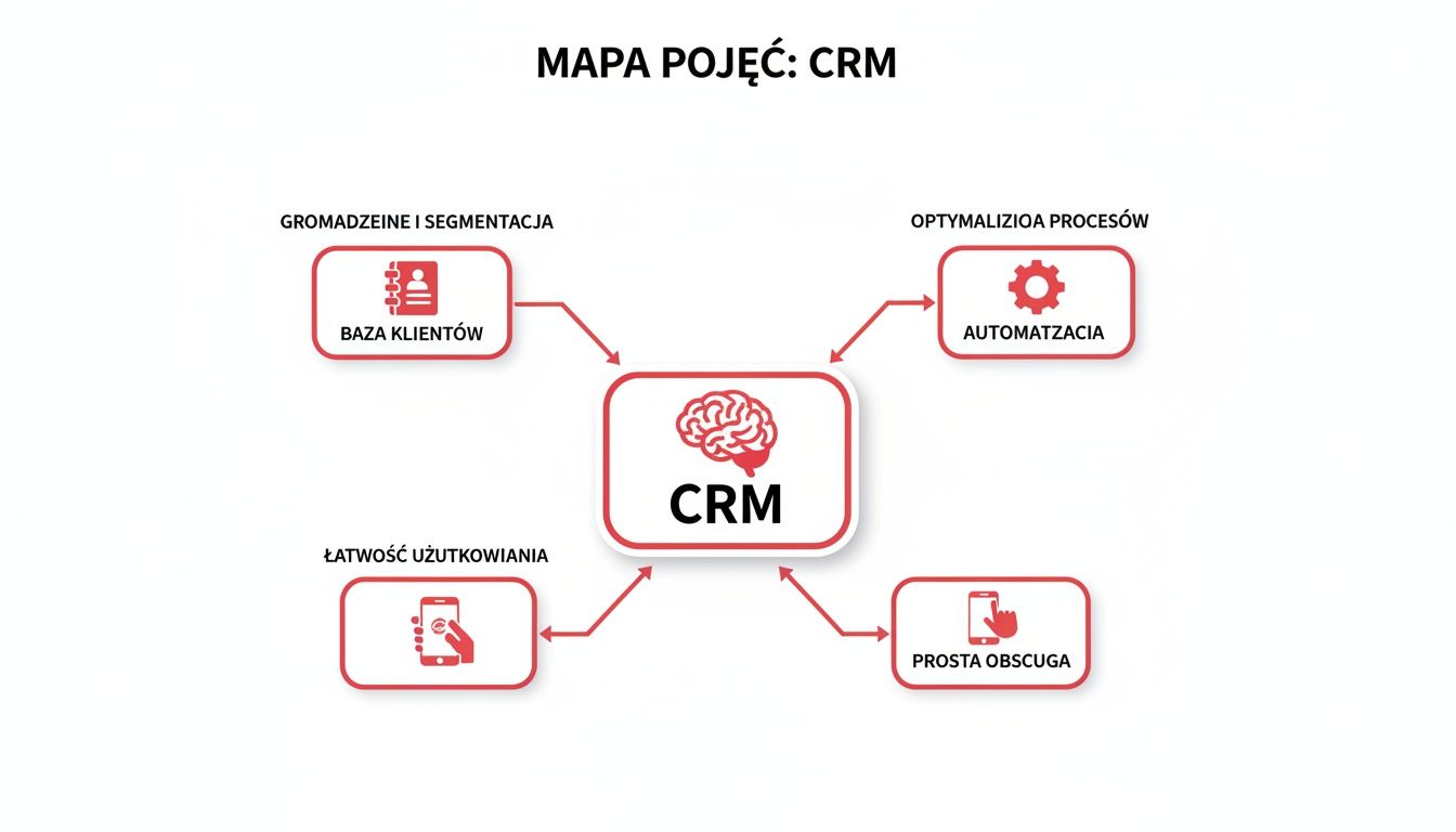 Mapa pojęć CRM przedstawiająca kluczowe aspekty, takie jak baza klientów, automatyzacja, łatwość obsługi i optymalizacja procesów.