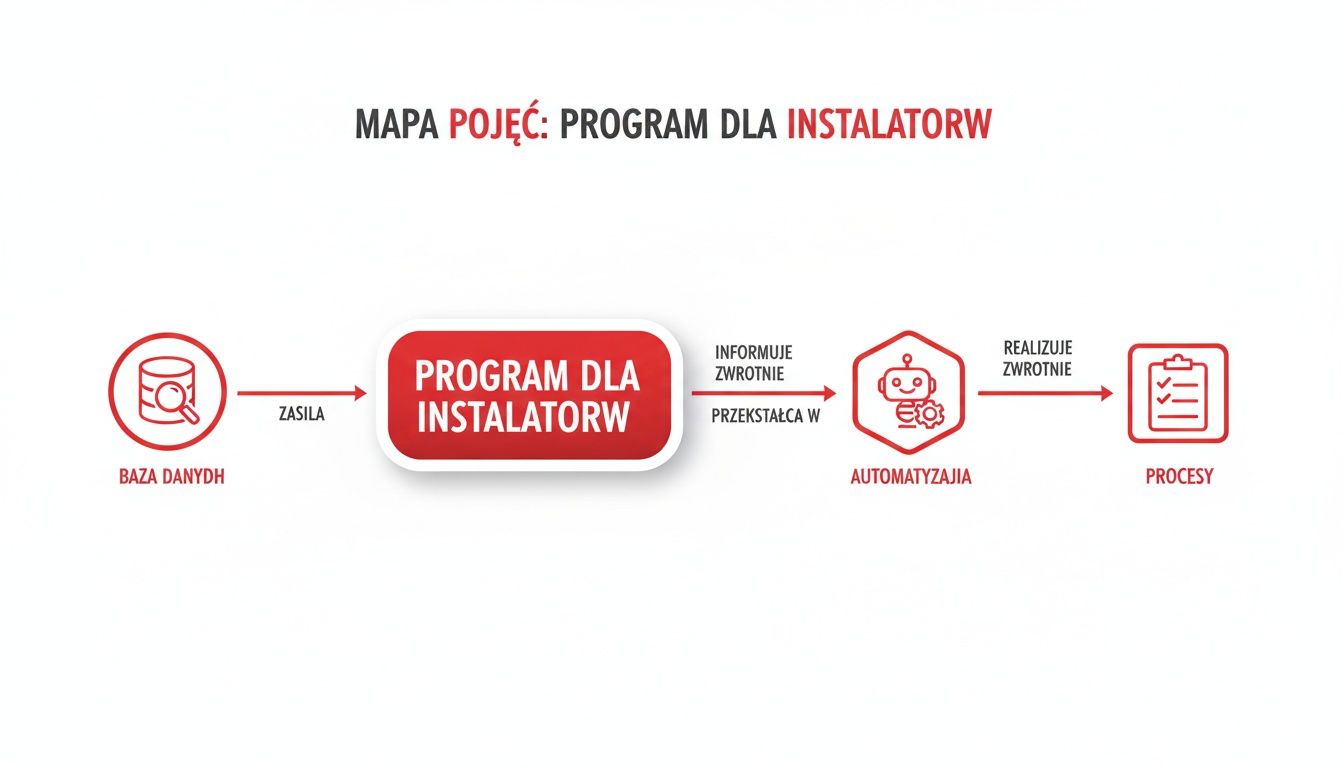 Mapa pojęć przedstawiająca program dla instalatorów, od bazy danych po automatyzację procesów.