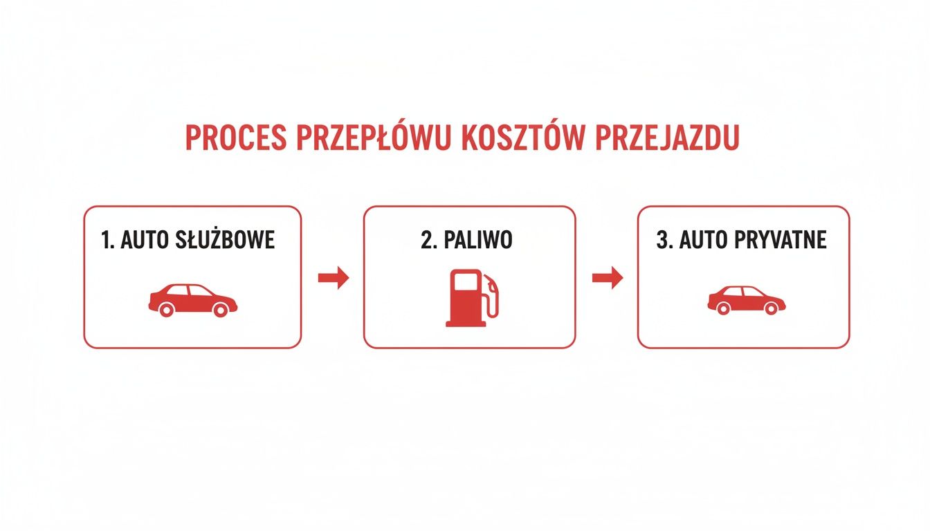 Diagram przedstawiający proces przepływu kosztów podróży, od samochodu służbowego, przez paliwo, do samochodu prywatnego.