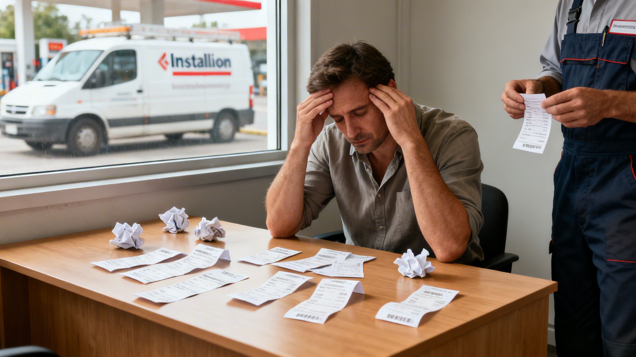 Stresujący moment rozliczania wydatków: mężczyzna zdezorientowany, otoczony rachunkami, podczas gdy pracownik podaje mu kolejny. W tle samochód służbowy.