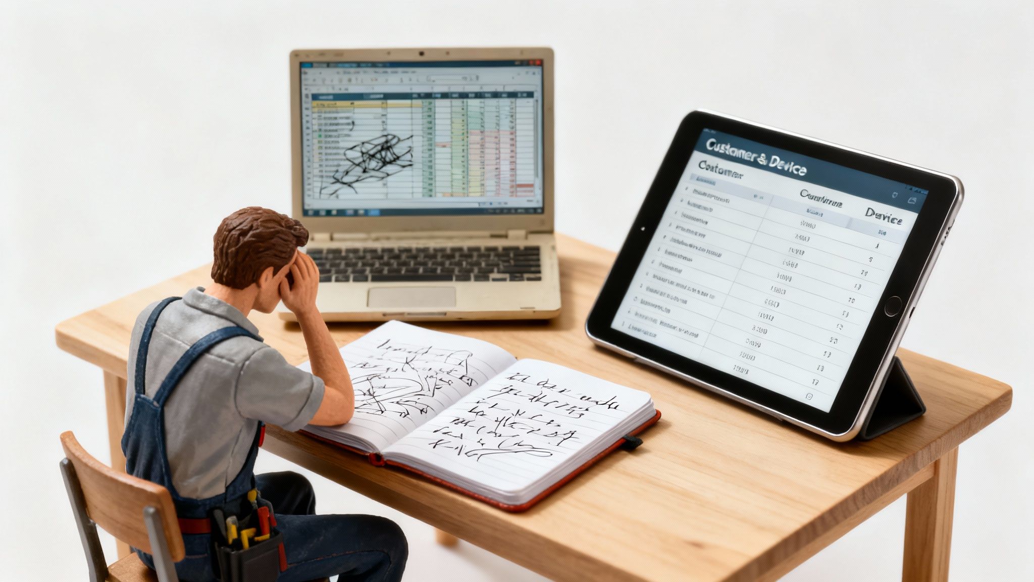 Miniaturowa figurka technika w kombizonie analizująca dane na laptopie i tablecie, z otwartym notatnikiem.