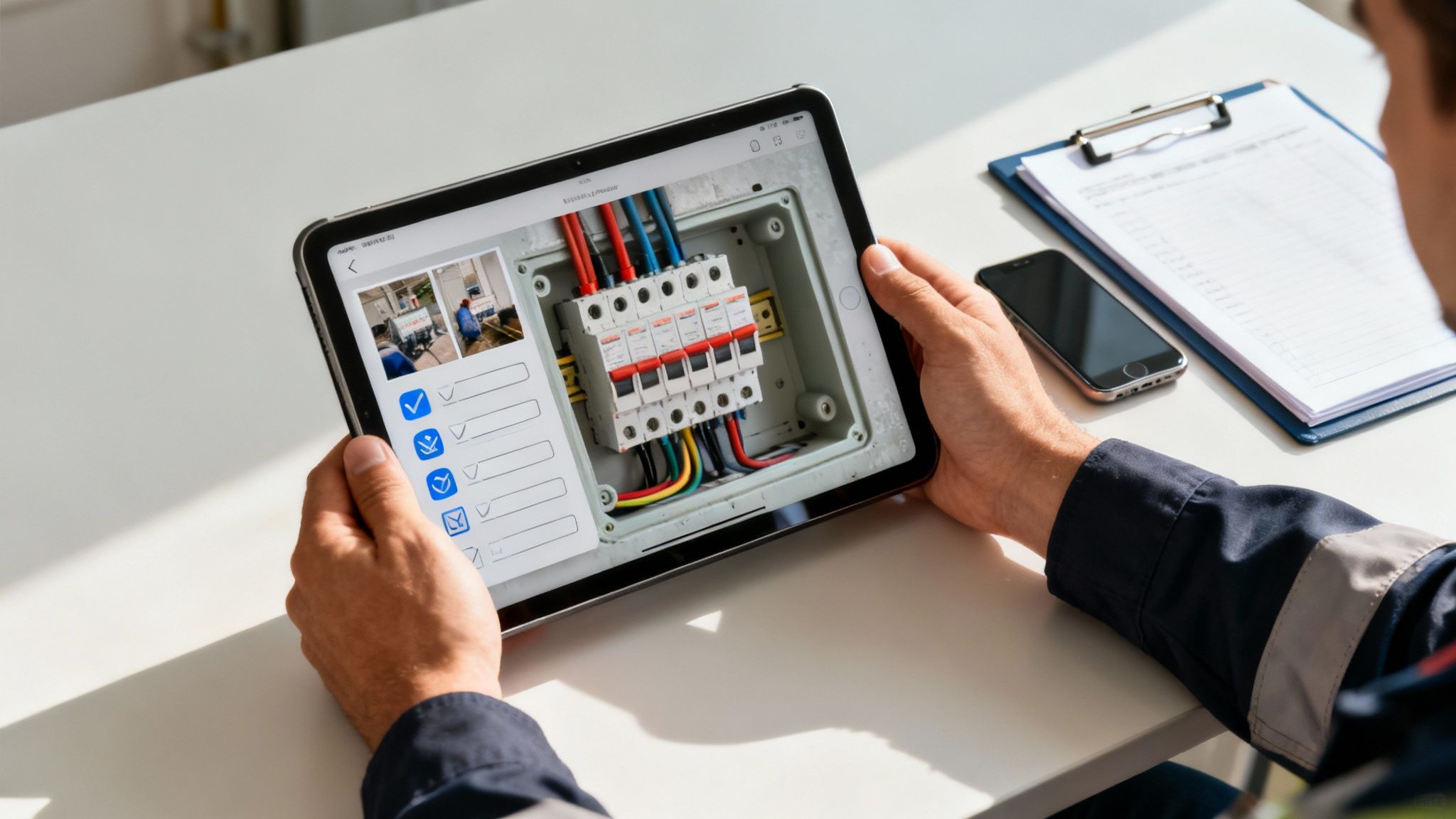 Mężczyzna przegląda na tablecie schemat instalacji elektrycznej i listę kontrolną, z telefonem i clipboardem na stole.