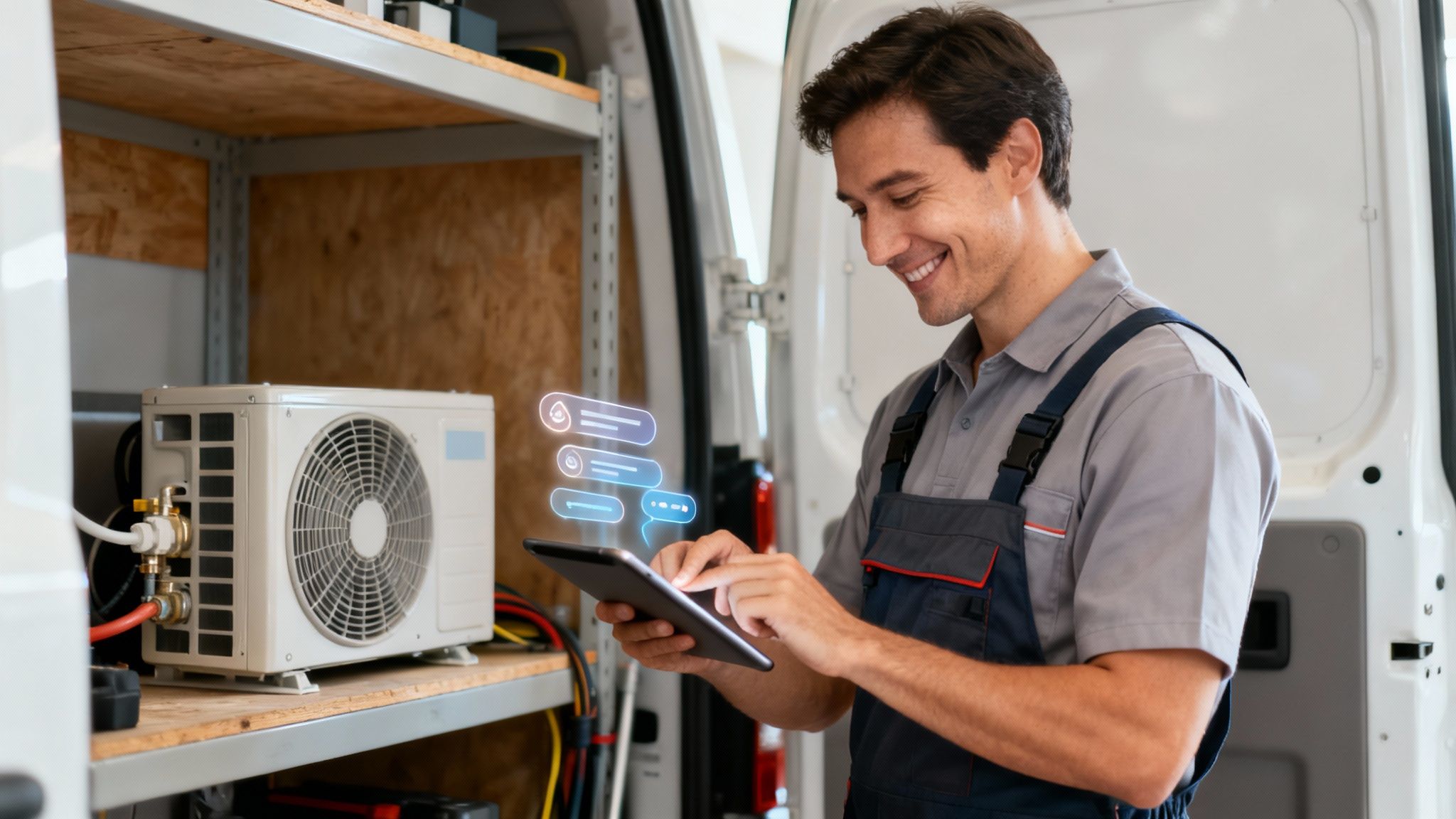 Uśmiechnięty technik w vanie serwisowym używa tabletu, wyświetlając wirtualne ikony, obok jednostki klimatyzacji.