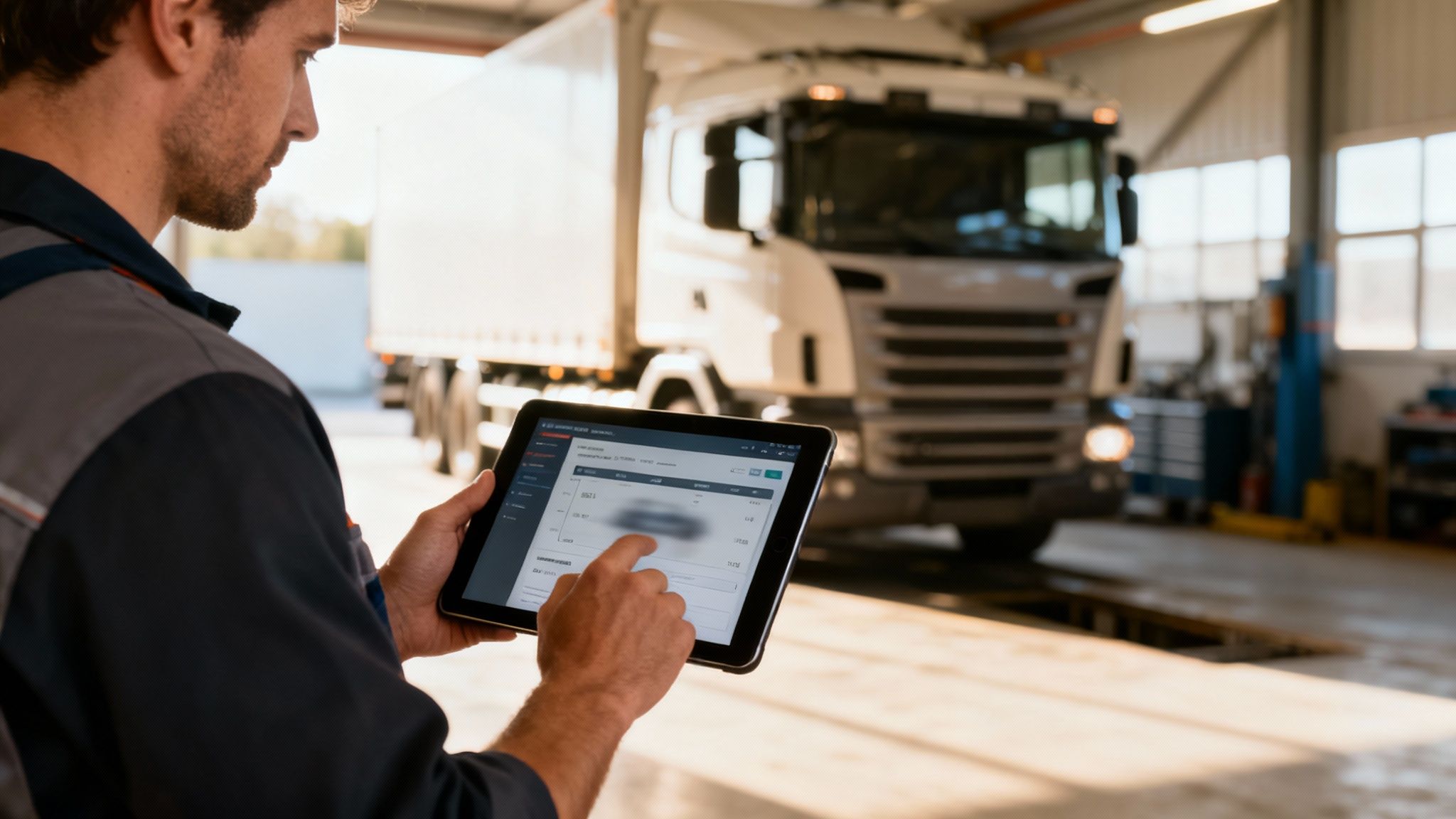 Technik w serwisie pojazdów ciężarowych korzysta z tabletu do monitorowania i diagnostyki, z ciężarówką w tle.
