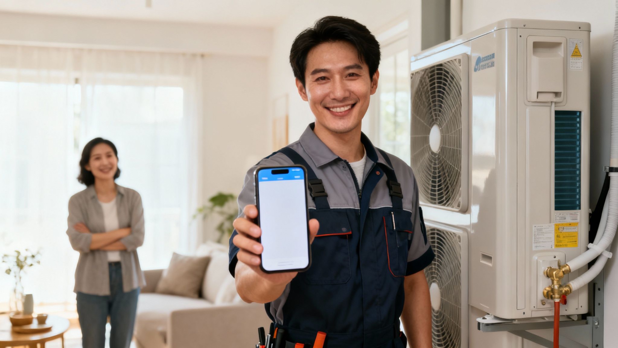 Uśmiechnięty technik w kombinezonie pokazuje smartfon, stojąc obok jednostek klimatyzacji, z klientką w tle.