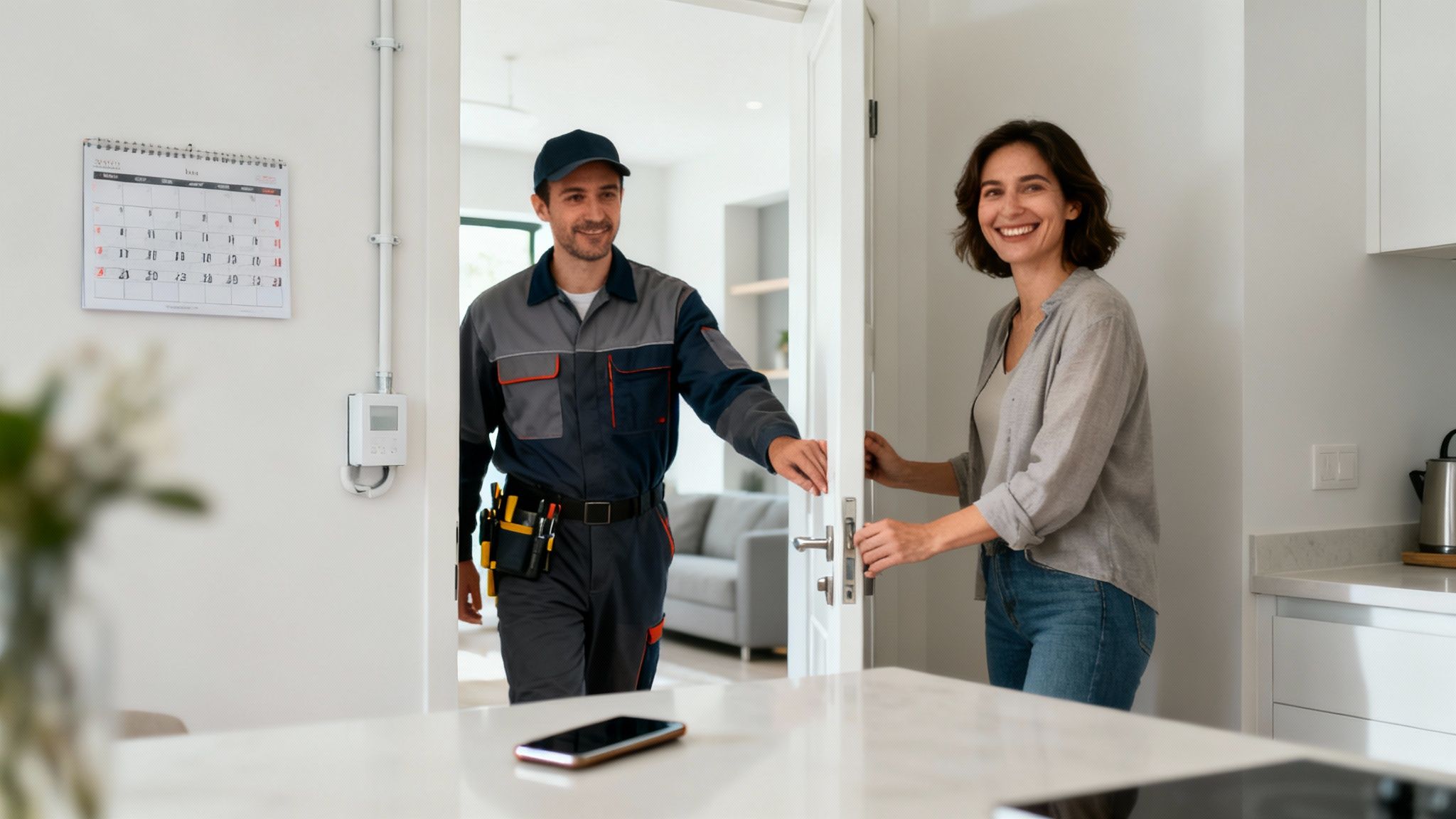 Uśmiechnięta kobieta wita technika w uniformie przy drzwiach, wchodzącego do nowoczesnego domu.