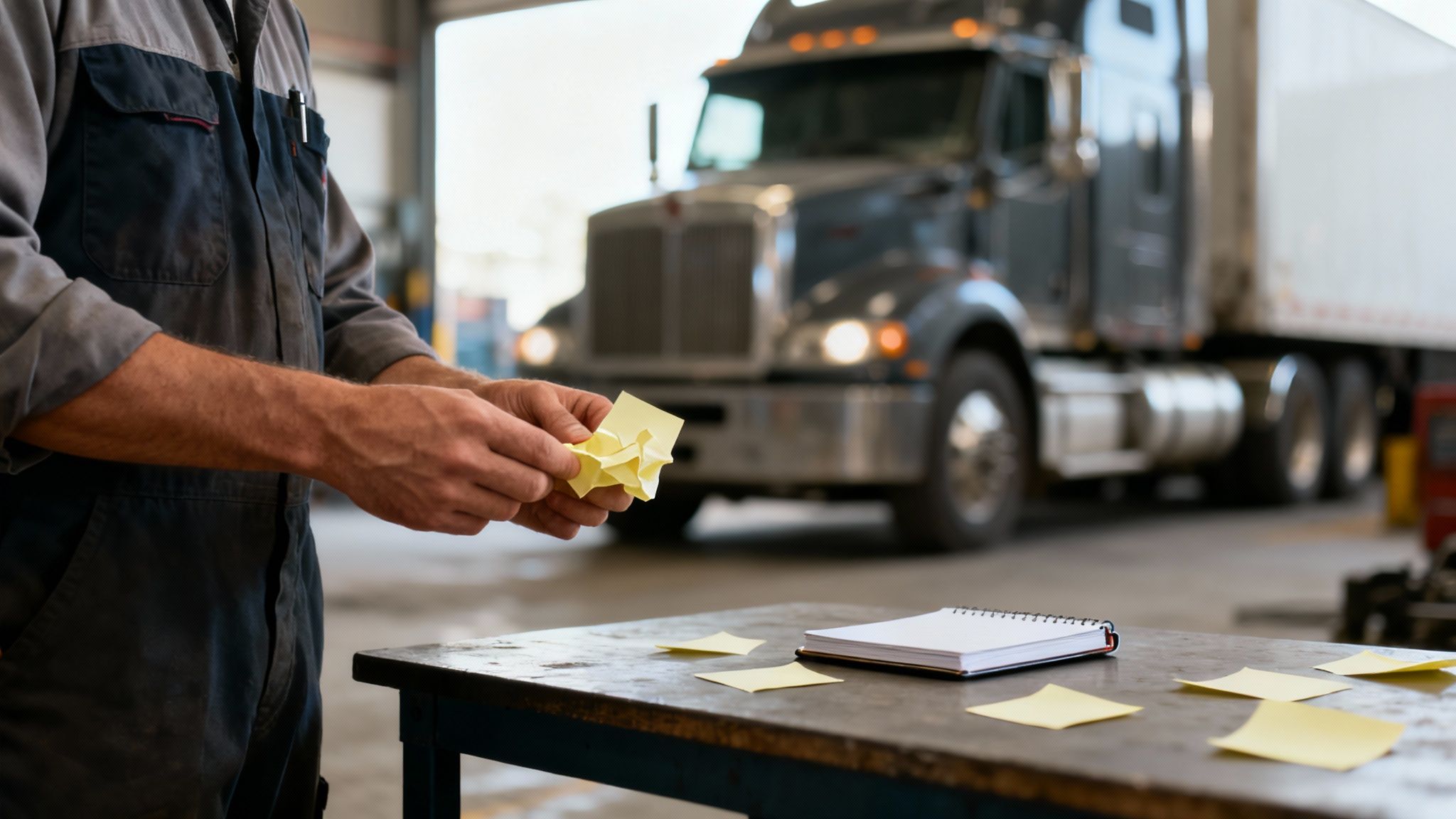 Mechanik w kombinezonie trzyma pogniecione notatki, pracując przy stole w serwisie pojazdów ciężarowych.