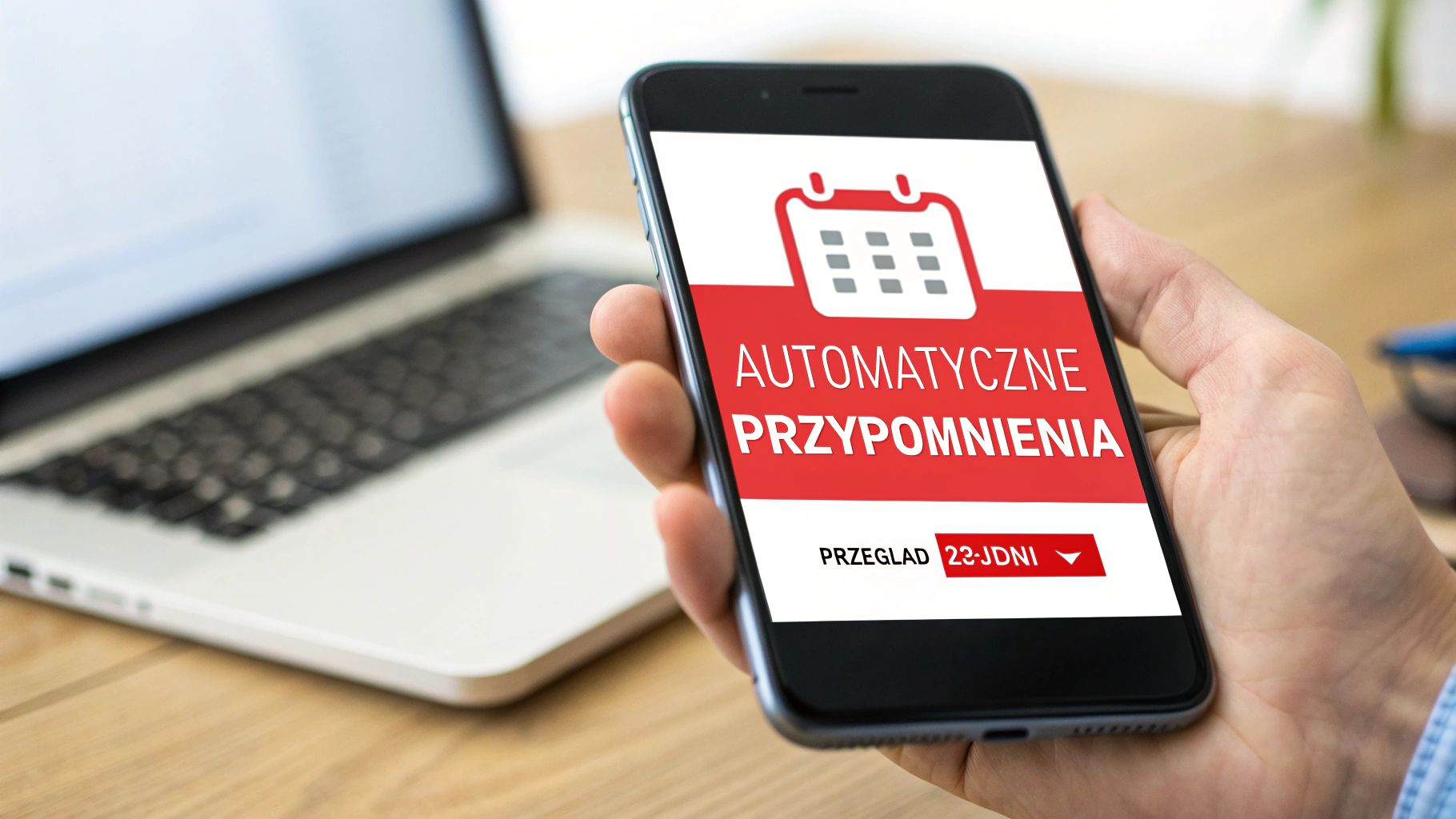 Osoba trzyma smartfon z aplikacją wyświetlającą automatyczne przypomnienia o przeglądzie. W tle rozmyty laptop na biurku.