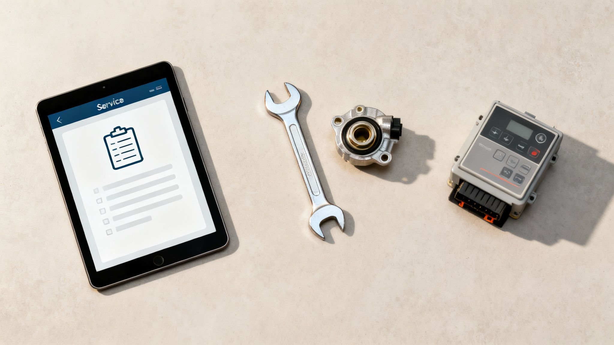Sprzęt i narzędzia do obsługi technicznej: tablet z aplikacją serwisową, klucz i podzespoły.