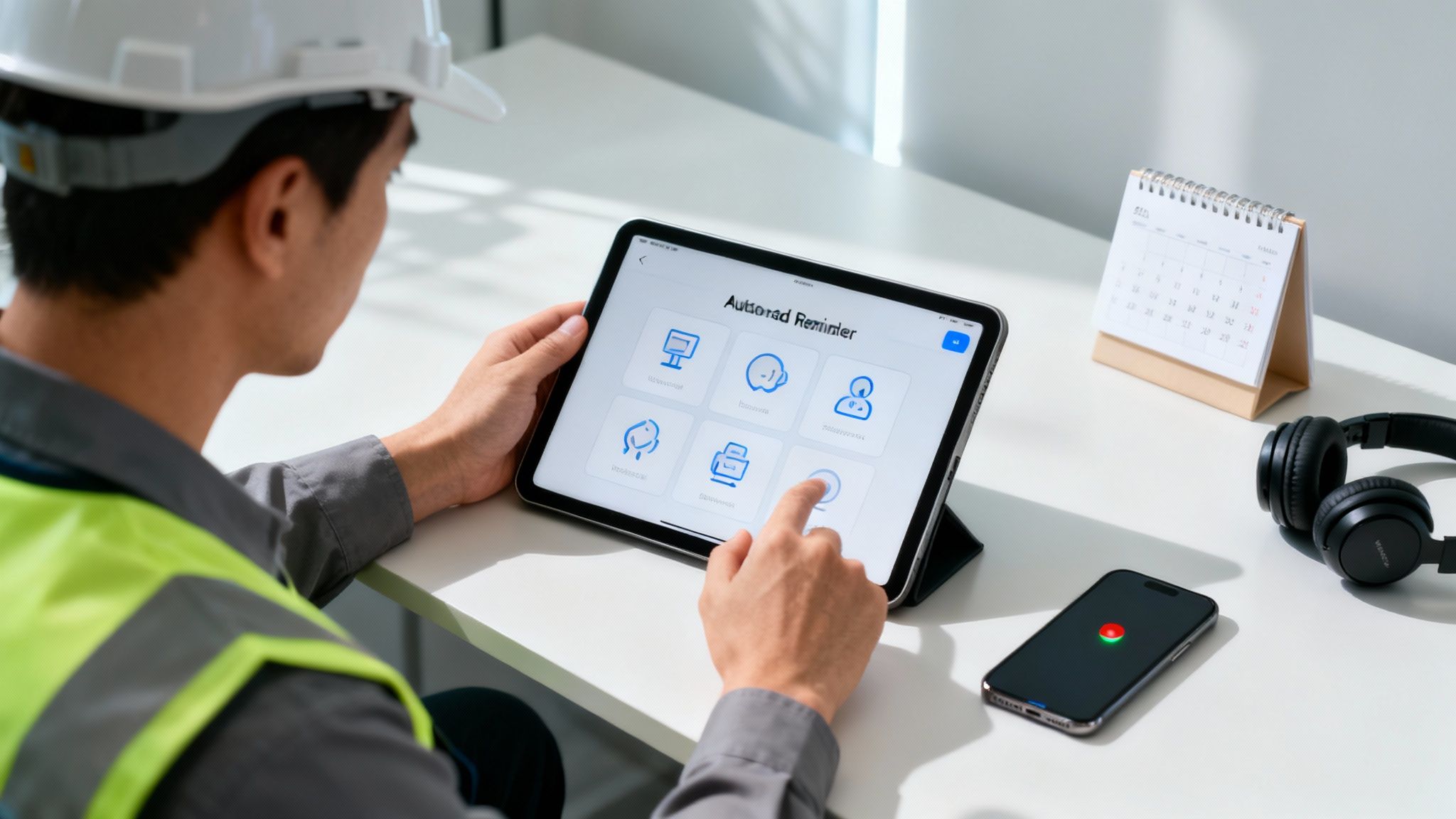 Inżynier w kasku i kamizelce używa tabletu z aplikacją do zarządzania, obok kalendarz i słuchawki.