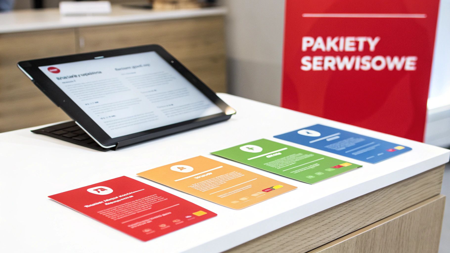 Tablet na podstawce z klawiaturą oraz kolorowe karty ofertowe na białym blacie, z banerem 'PAKIETY SERWISOWE'.