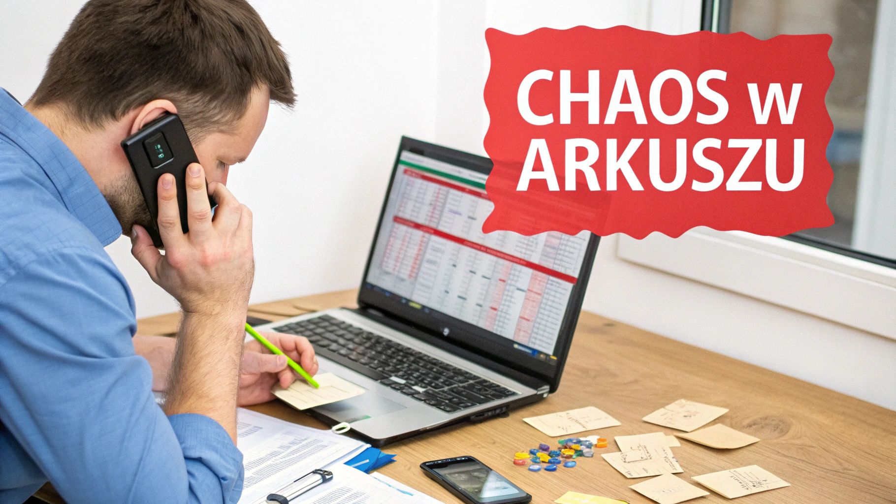Mężczyzna rozmawia przez telefon, patrząc na laptopa z arkuszem kalkulacyjnym, z napisem "CHAOS W ARKUSZU".
