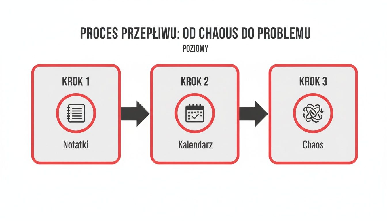Diagram prezentujący proces przepływu pracy w trzech krokach: notatki, kalendarz, chaos, z tytułem 'Od chaosu do problemu'.