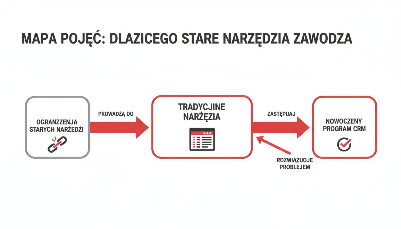 Mapa pojęć: ograniczenia starych narzędzi prowadzą do tradycyjnych, zastępowanych przez nowoczesny program CRM, który rozwiązuje problemy.