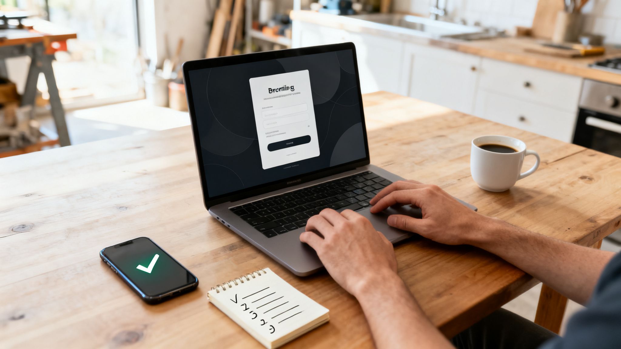 Osoba pracuje na laptopie z otwartą stroną logowania, obok leży smartfon z zielonym znacznikiem i notatnik na drewnianym stole.