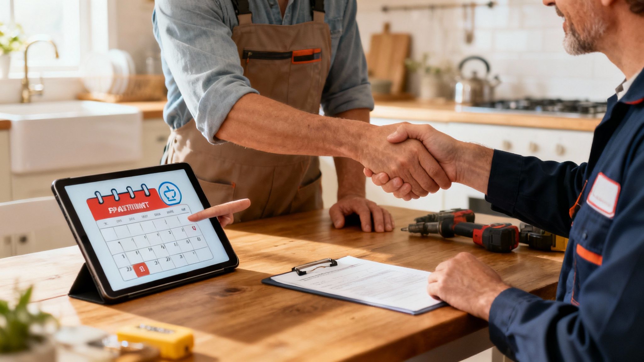 Technik i klient uściskają sobie dłonie po uzgodnieniu spotkania na tablecie w kuchni.